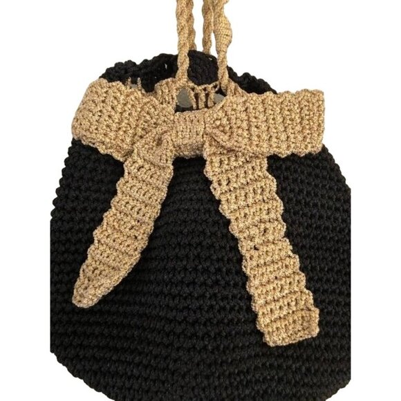 Timmy Woods Beverly Hills Vintage Black Crochet Woven Bucket Bag with Gold Bow - Picture 2 of 3